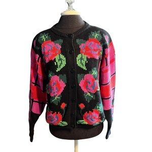 Vintage Gallagher Intarsia Knit Floral Cardigan Medium 1980s Shoulder Pads